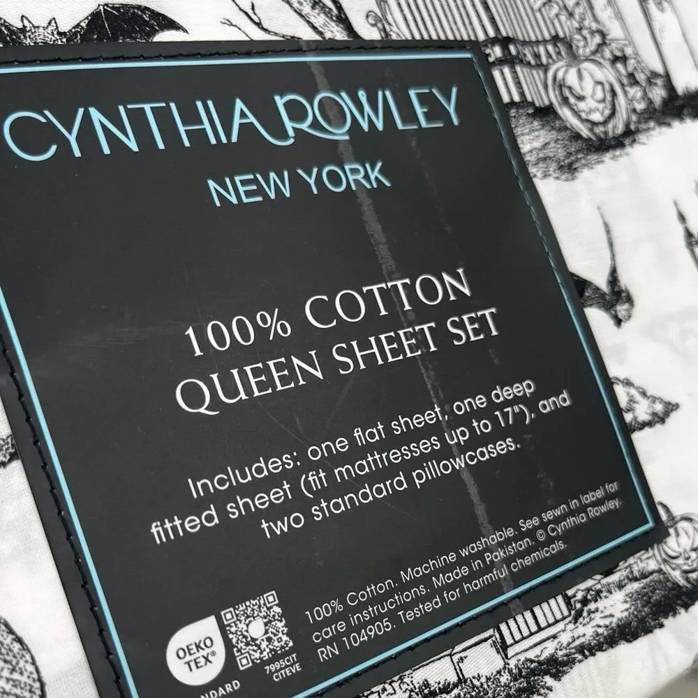 Cynthia Rowley Halloween Haunted House Bat Pumpkin Toile Sheet Set (Queen)